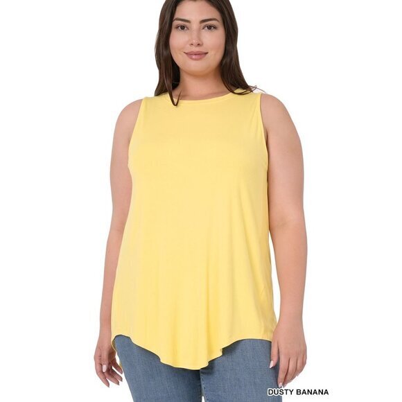 Zenana Plus Size Luxe Rayon Sleeveless Hi-Low Hem Tank Top Dusty Banana Size 1X‎ - Picture 1 of 4